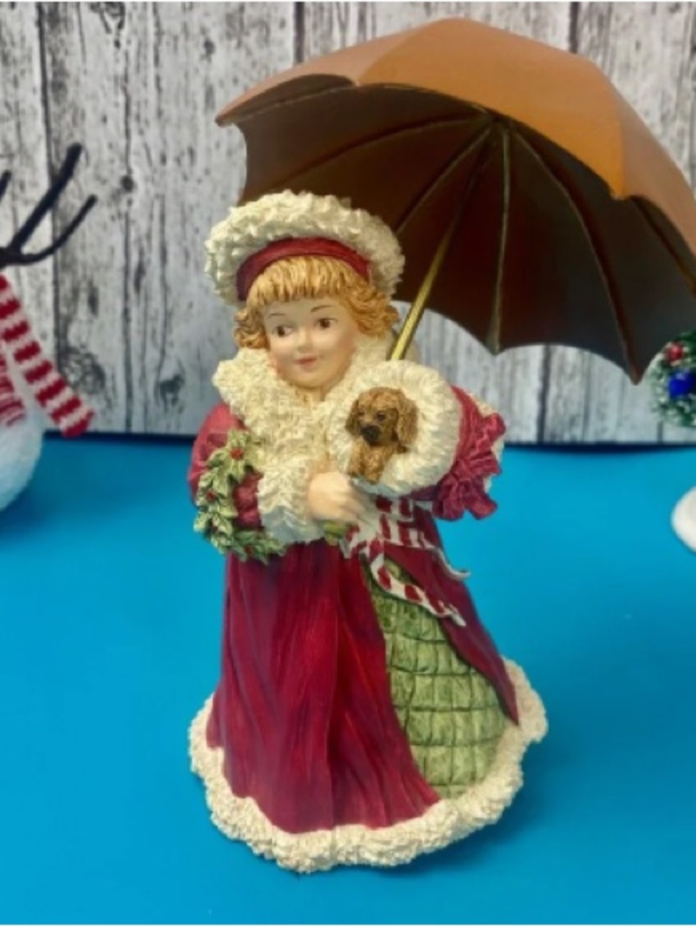 Holiday Lady Figurine in Red and Green with Brown Umbrella